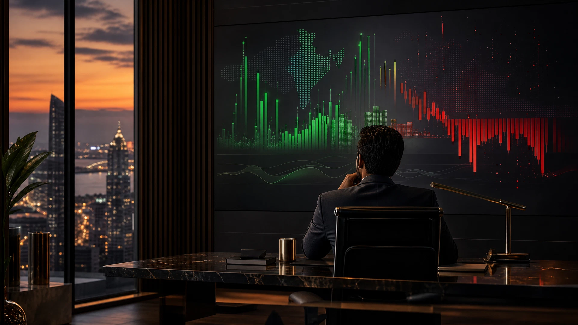 Analyst reviewing diverging green and red sector signals during a mixed Indian market session.