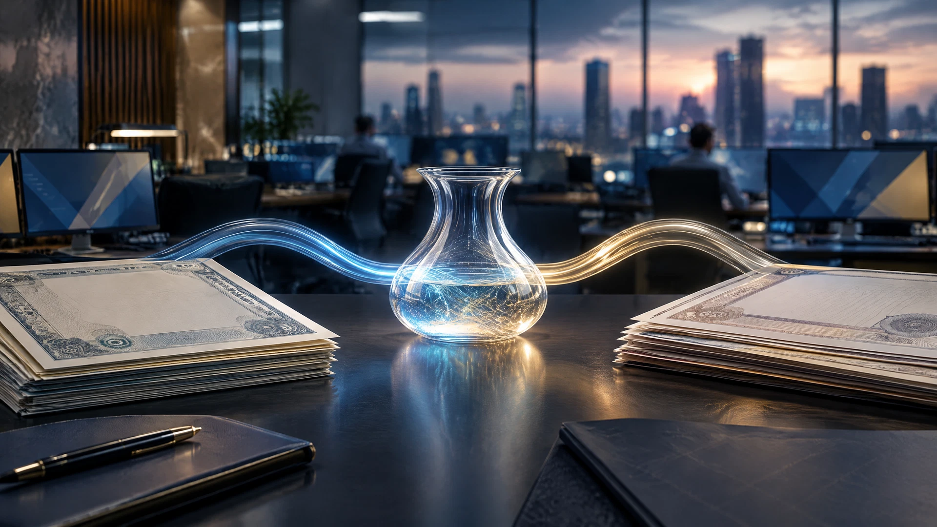 Unlabelled government-security papers and an abstract liquidity vessel on an institutional treasury desk at dusk.