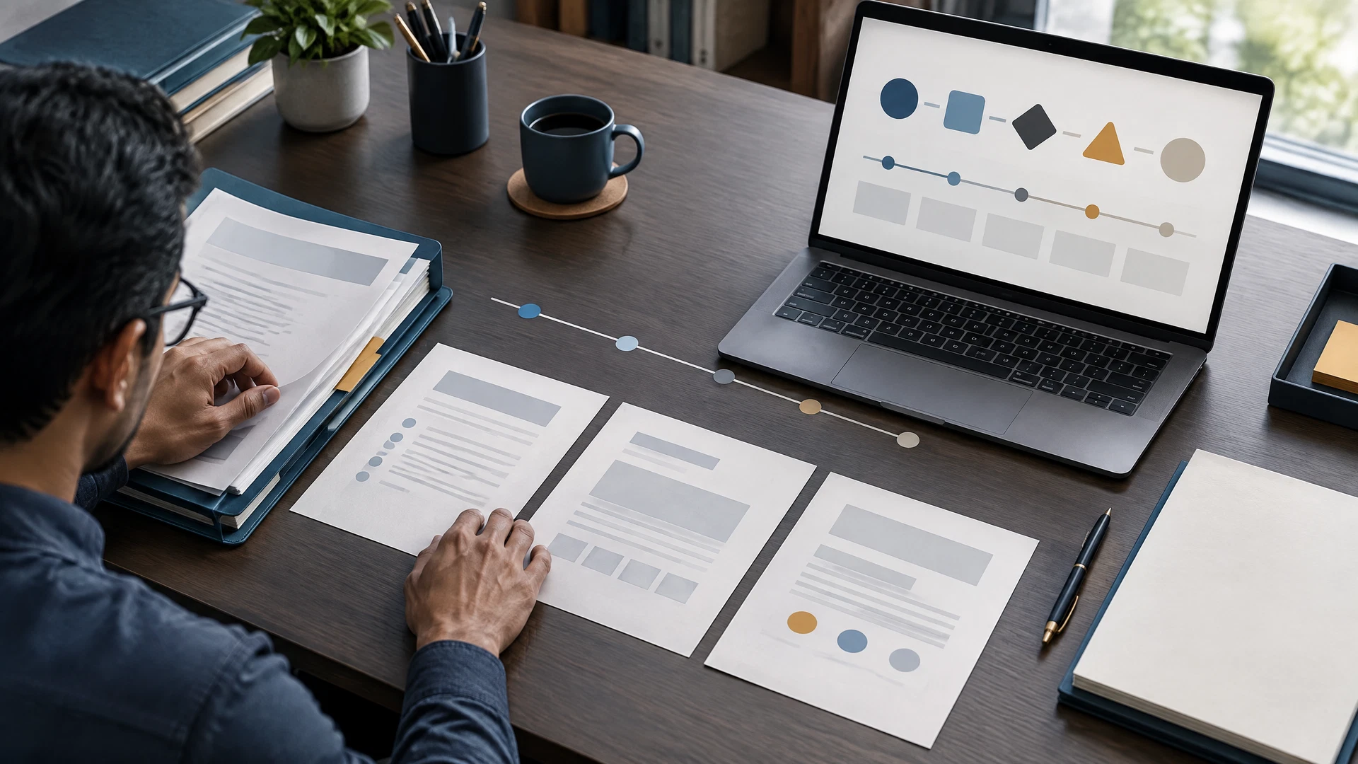 Indian investor arranging blank evidence documents beside an abstract multi-stage complaint workflow on a laptop.